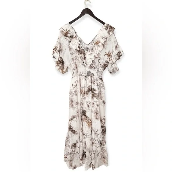 Sandro Paris Marro Ruffled Elephant Toile Midi Dress NWT $490 Size S - Picture 2 of 12